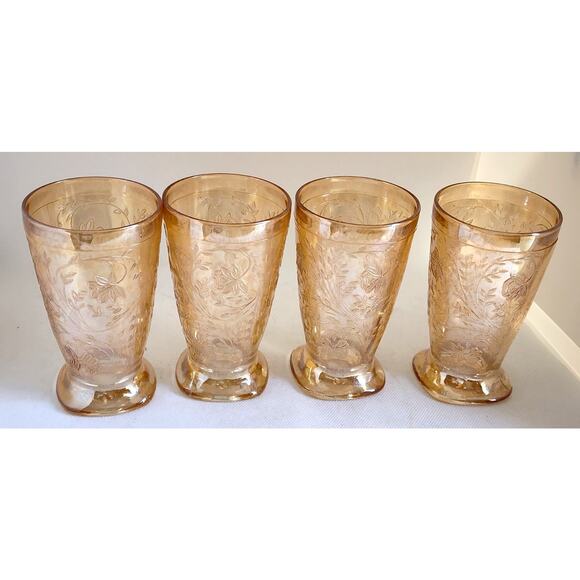 GLASSES-JEANNETTE GLASS FLORAGOLD-LOUISA-Tumblers-Amber-Iridescent-Set 4 - Picture 1 of 8